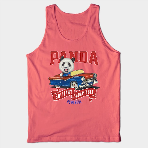 Funny and Cute Panda driving a vintage classic car to a parade with red white and blue flags Tank Top by Danny Gordon Art